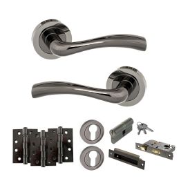STATUS Texas Door Handle Pack (Euro Lock Set - 3" CE Sashlock, 4" Fire Rated Hinges x3) - Black Nickel