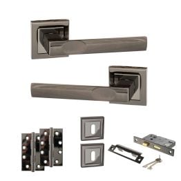 STATUS Kansas Door Handle Pack (3 Lever Lock Set - 3" CE Sashlock, 4" Slim Knuckle Hinges x2) - Black Nickel