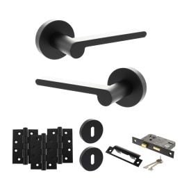 Senza Pari Darrio Door Handle Pack (3 Lever Lock Set - 3" CE Sashlock, 4" Fire Rated Hinges x3) - Matt Black