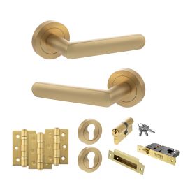 STATUS Carolina Door Handle Pack (Euro Lock Set - 2.5" CE Sashlock, 3" Fire Rated Hinges x3) - Satin Brass