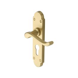 Heritage Brass Door Handle for Euro Profile Plate Savoy Design Satin Brass finish