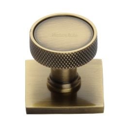 Heritage Brass Cabinet Knob Florence Knurled Design with Square Backplate 32mm Antique Brass finish