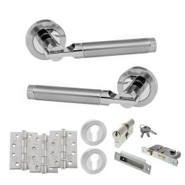 STATUS Dakota Door Handle Pack (Euro Lock Set - 2.5" CE Sashlock, 4" Fire Rated Hinges x3) - Satin Chrome/Polished Chrome
