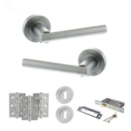 STATUS Nebraska Door Handle Pack (3 Lever Lock Set - 3" CE Sashlock, 3" Fire Rated Hinges x3) - Satin Chrome