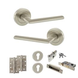 STATUS Alabama Door Handle Pack (Euro Lock Set - 2.5" CE Sashlock, 4" Slim Knuckle Hinges x2) - Satin Nickel