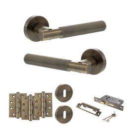 Senza Pari Rosarno Door Handle Pack (3 Lever Lock Set - 3" CE Sashlock, 4" Fire Rated Hinges x3) - Antique Brass