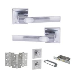 STATUS Kansas Door Handle Pack (Bathroom Set - 2.5" CE Bathroom Lock, 3" Fire Rated Hinges x3) - Satin Chrome