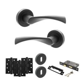 STATUS Colorado Door Handle Pack (3 Lever Lock Set - 2.5" CE Sashlock, 4" Fire Rated Hinges x3) - Matt Black