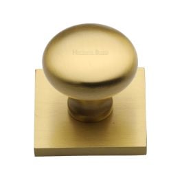 Heritage Brass Cabinet Knob Victorian Round Design with Square Backplate 32mm Satin Brass finish