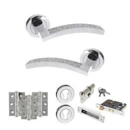 Senza Pari Crystal Door Handle Pack (Euro Lock Set - 3" CE Sashlock, 3" Fire Rated Hinges x3) - Polished Chrome
