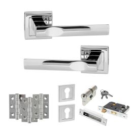 STATUS Kansas Door Handle Pack (Euro Lock Set - 2.5" CE Sashlock, 3" Fire Rated Hinges x3) - Polished Chrome