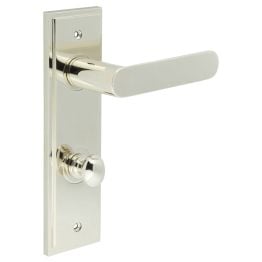 Kensington Door Handle Din Bathroom Backplate Polished Nickel & Turn & Release - By Frelan Hardware - BUR-25PN-456PN-80PN