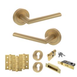 STATUS Alabama Door Handle Pack (Euro Lock Set - 2.5" CE Sashlock, 3" Fire Rated Hinges x3) - Satin Brass