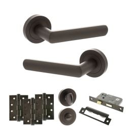 STATUS Carolina Door Handle Pack (Bathroom Set - 2.5" CE Bathroom Lock, 4" Fire Rated Hinges x3) - Urban Dark Bronze