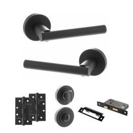 STATUS Nebraska Door Handle Pack (Bathroom Set - 2.5" CE Bathroom Lock, 4" Slim Knuckle Hinges x2) - Matt Black
