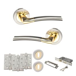 STATUS Indiana Door Handle Pack (3 Lever Lock Set - 3" CE Sashlock, 4" Fire Rated Hinges x3) - Satin Nickel/Polished Brass