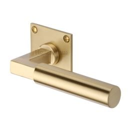 Heritage Brass Door Handle Lever Latch on Square Rose Bauhaus Design Satin Brass finish