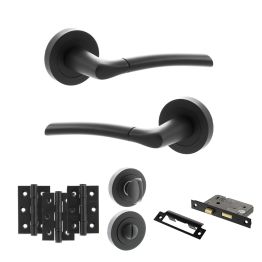 STATUS Indiana Door Handle Pack (Bathroom Set - 2.5" CE Bathroom Lock, 3" Fire Rated Hinges x3) - Matt Black