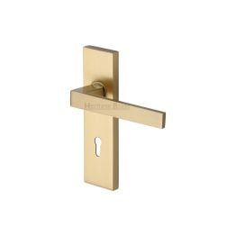 Heritage Brass Door Handle Lever Lock Delta Design Satin Brass finish