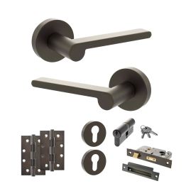 Senza Pari Darrio Door Handle Pack (Euro Lock Set - 2.5" CE Sashlock, 4" Slim Knuckle Hinges x2) - Urban Dark Bronze