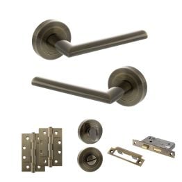 STATUS Alabama Door Handle Pack (Bathroom Set - 3" CE Bathroom Lock, 4" Slim Knuckle Hinges x2) - Antique Brass