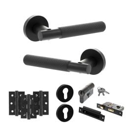 Senza Pari Rosarno Door Handle Pack (Euro Lock Set - 3" CE Sashlock, 3" Fire Rated Hinges x3) - Matt Black