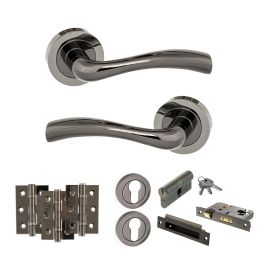 STATUS Texas Door Handle Pack (Euro Lock Set - 2.5" CE Sashlock, 3" Fire Rated Hinges x3) - Black Nickel