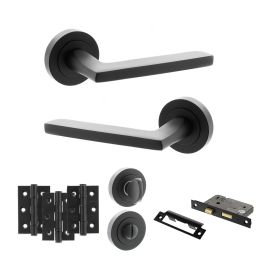 STATUS Alaska Door Handle Pack (Bathroom Set - 3" CE Bathroom Lock, 3" Fire Rated Hinges x3) - Matt Black