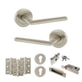 STATUS Alabama Door Handle Pack (Euro Lock Set - 3" CE Sashlock, 3" Fire Rated Hinges x3) - Satin Nickel