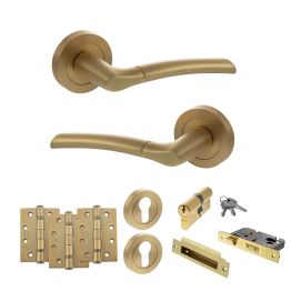 STATUS Indiana Door Handle Pack (Euro Lock Set - 3" CE Sashlock, 4" Fire Rated Hinges x3) - Satin Brass