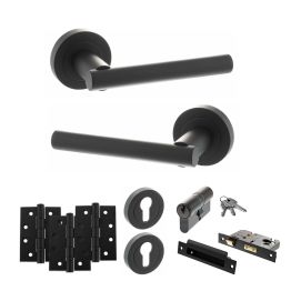 STATUS Nebraska Door Handle Pack (Euro Lock Set - 3" CE Sashlock, 4" Fire Rated Hinges x3) - Matt Black