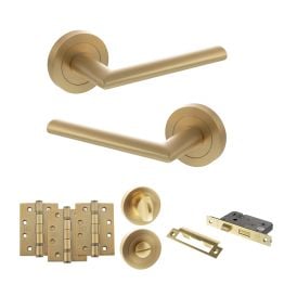 STATUS Alabama Door Handle Pack (Bathroom Set - 3" CE Bathroom Lock, 4" Fire Rated Hinges x3) - Satin Brass