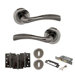 STATUS Texas Door Handle Pack (3 Lever Lock Set - 3" CE Sashlock, 4" Fire Rated Hinges x3) - Black Nickel