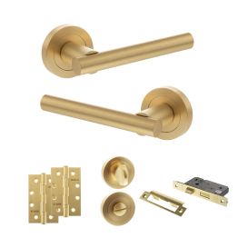STATUS Nebraska Door Handle Pack (Bathroom Set - 3" CE Bathroom Lock, 4" Slim Knuckle Hinges x2) - Satin Brass