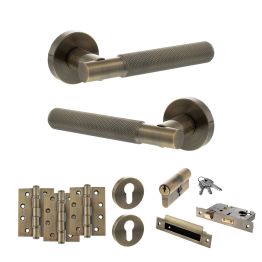Senza Pari Rosarno Door Handle Pack (Euro Lock Set - 3" CE Sashlock, 4" Fire Rated Hinges x3) - Antique Brass