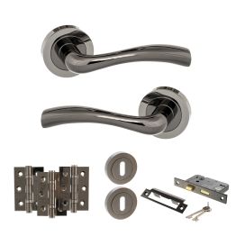 STATUS Texas Door Handle Pack (3 Lever Lock Set - 2.5" CE Sashlock, 3" Fire Rated Hinges x3) - Black Nickel