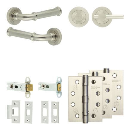 Complete Classic Door Handle Pack - Heavy Duty Tubular Bathroom (Plain Thumb Turn) - Satin Nickel - 76mm / 4-inch Hinges - JE-A31A2-SN
