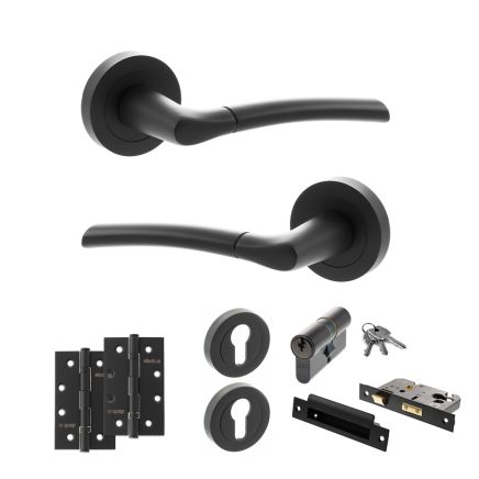 STATUS Indiana Door Handle Pack (Euro Lock Set - 2.5" CE Sashlock, 4" Slim Knuckle Hinges x2) - Matt Black