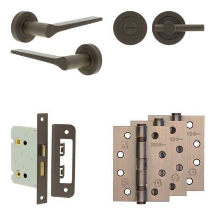 Complete Gio Door Handle Pack - Bathroom Lock (Plain Thumb Turn) - Dark Bronze - 76mm / 4-inch Hinges - JE-E6A2-DB
