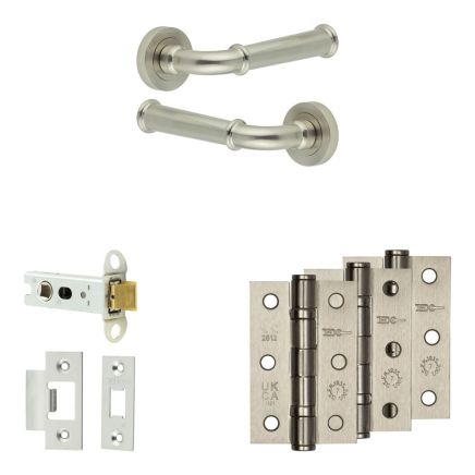 Complete Classic Door Handle Pack - Heavy Duty Latch - Satin Nickel - 76mm / 3-inch Hinges - JE-A21B-SN