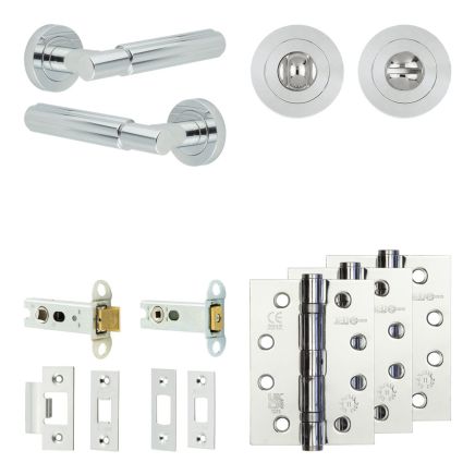 Complete Bloom Door Handle Pack - Heavy Duty Tubular Bathroom (Standard Thumb Turn) - Polished Chrome - 76mm / 4-inch Hinges - JE-B31A3-PC
