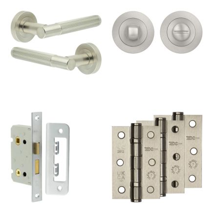 Complete Venice Door Handle Pack - Bathroom Lock (Standard Thumb Turn) - Satin Nickel - 65mm / 3-inch Hinges - JE-F5B3-SN