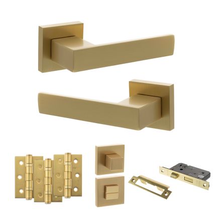 Senza Pari Panetti Door Handle Pack (Bathroom Set - 2.5" CE Bathroom Lock, 3" Fire Rated Hinges x3) - Satin Brass