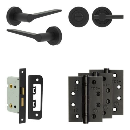 Complete Gio Door Handle Pack - Bathroom Lock (Plain Thumb Turn) - Matt Black - 65mm / 4-inch Hinges - JE-E5A2-MB