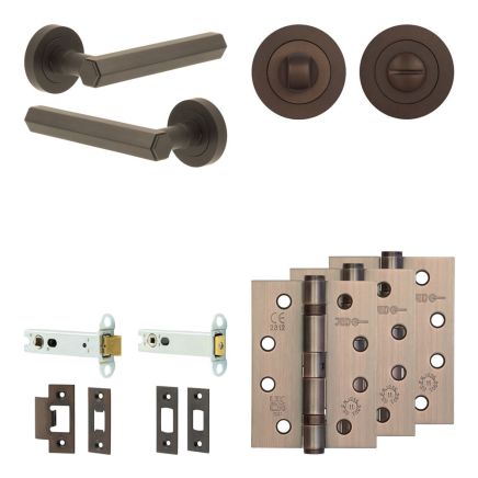 Complete Hex Door Handle Pack - Heavy Duty Tubular Bathroom (Standard Thumb Turn) - Dark Bronze - 102mm / 4-inch Hinges - JE-C32A3-DB
