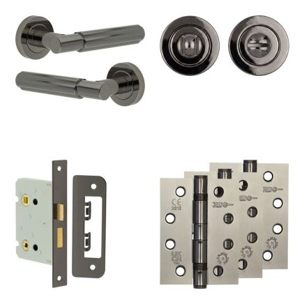 Complete Bloom Door Handle Pack - Bathroom Lock (Standard Thumb Turn) - Black Nickel - 76mm / 4-inch Hinges - JE-B6A3-BN