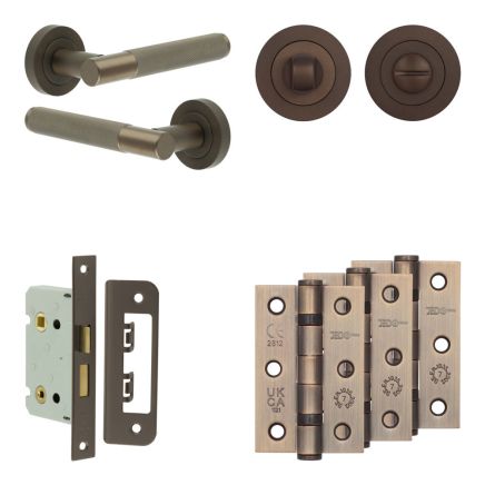 Complete Bari Door Handle Pack - Bathroom Lock (Standard Thumb Turn) - Dark Bronze - 65mm / 3-inch Hinges - JE-D5B3-DB