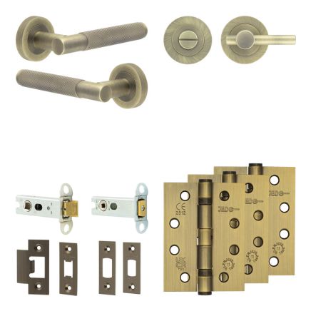 Complete Bari Door Handle Pack - Heavy Duty Tubular Bathroom (Plain Thumb Turn) - Antique Brass - 76mm / 4-inch Hinges - JE-D31A2-AB