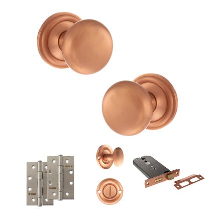 Old English Harrogate Door Knob Pack (Lock Set - Horizontal Bathlock, 4" Slim Knuckle Hinges x2) - Urban Satin Copper