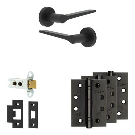 Complete Gio Door Handle Pack - Heavy Duty Latch - Matt Black - 64mm / 4-inch Hinges - JE-E20A-MB